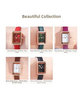 Collage aus rechteckigen Roségold-Uhren mit Lederarmbändern in fünf verschiedenen Farben