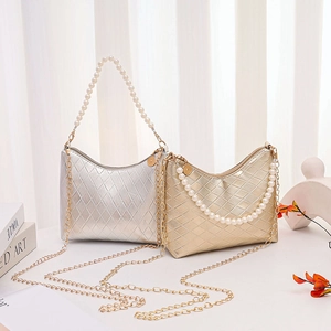 Metallische PU Leder Umhängetasche Mit Geprägtem Karomuster Künstliche Perlengriff Und Metallkette Für Damen Modische Handtasche