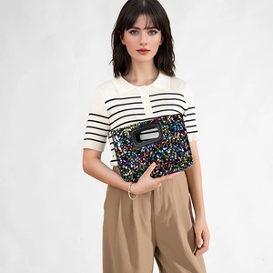 Chic multi-color sequin square handbag for women with black cutout handle design