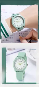 Close-up of mint green silicone strap watch with minimalist dial shown on wrist