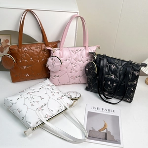Floral Embroidery Quilted Tote Bag PU Leather Large Capacity Shoulder Handbag With Round Coin Purse For Women
