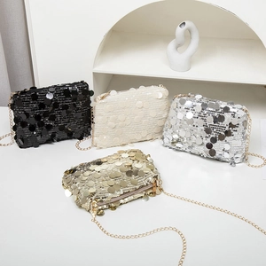 Women Sequin Paillette Crossbody Bag With Metal Chain Strap Zipper Closure Party Evening Clutch Purse