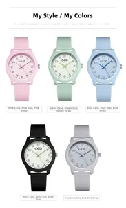 Five GEDI quartz watches in pink, mint, blue, black, and grey with silicone straps