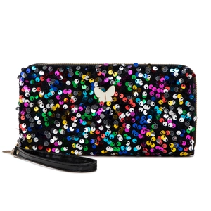 Sparkly sequins butterfly long wallet clutch with wristlet and secure zipper closure