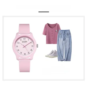 Pink quartz watch shown with matching casual outfit set including jeans and sneakers
