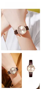 Macro detail of GEDI rose gold quartz watch with 31mm dial and brown leather strap