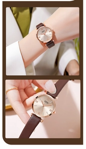 Detail view of GEDI rose gold ladies watch with champagne dial and brown leather strap