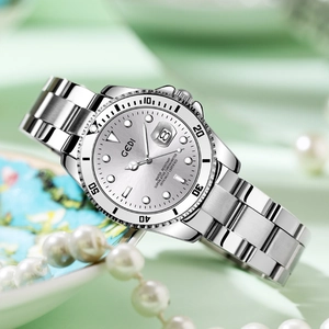 Silver stainless steel quartz business watch with luminous dial and calendar window