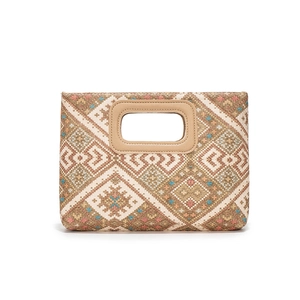 Ethnic style woven clutch with colorful geometric diamond patterns and leather trim