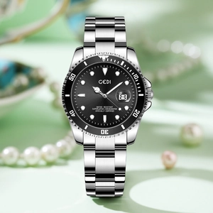 GEDI luxury stainless steel quartz watch with black dial, luminous markers and date window