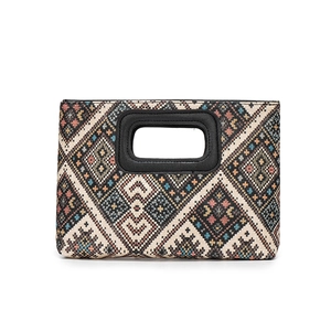 Ethnic geometric woven handbag with rectangular handle and colorful tribal pattern