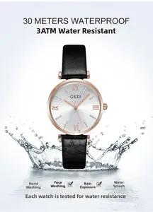Close-up of GEDI leather watch with water splash effect highlighting 30M waterproof feature