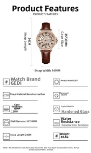 Detailed technical specifications for the GEDI luxury rose gold women's watch with leather strap
