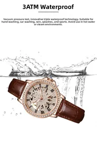 Detailed view of 3ATM waterproof rose gold starry watch with sparkling rhinestones