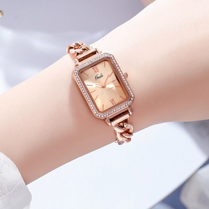 Orologio al quarzo quadrato di lusso da donna oro rosa con lunetta in strass e catena