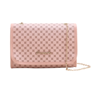 Pink flap chain crossbody bag with floral monogram print and golden metal hardware