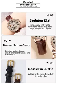 Detail of skeleton dial mechanical watch with brown leather strap and golden buckle