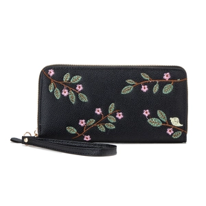 Women's long black leather clutch wallet with floral embroidery and wrist strap