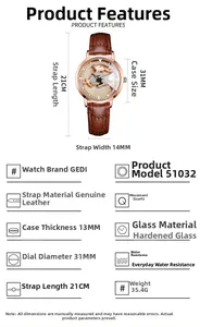 Dimensions du boîtier en or rose et détails du bracelet en cuir brun sur fond blanc