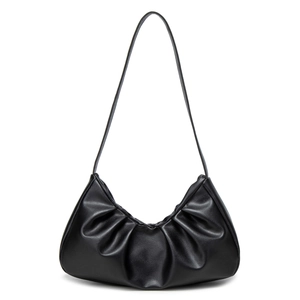 Minimalist black pleated crescent underarm bag with elegant matte leather texture finish