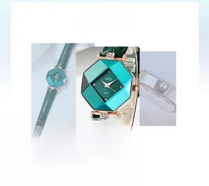 Detail view of GEDI women's watch with green octagonal glass and leather strap