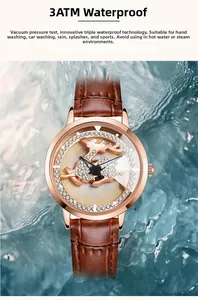 Macro shot of waterproof Gedi quartz watch with rose gold deer dial and water splash effect