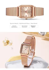 Detail view of square rose gold quartz watch with a textured stainless steel ribbed band