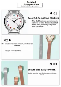 Detail of colorful gemstone hour markers on the dial and silver mesh strap of the watch