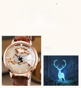Detail of rose gold ladies watch with crystal-encrusted reindeer dial and leather strap