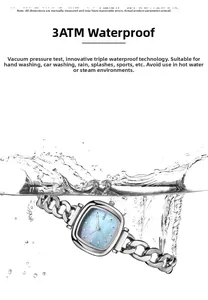 Gros plan détaillé de la montre à quartz ovale dans l'eau montrant l'étanchéité 3ATM