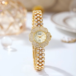 Montre GEDI luxe pour femme en forme de fleur avec cristaux scintillants et quartz doré