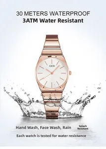 Women's quartz watch with rose gold strap showing 3ATM water resistance in splashing water