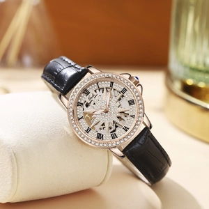 Luxury Gedi skeleton watch with rose gold case, roman numerals and leather strap