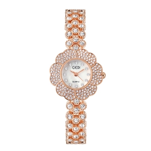 Élégante montre à quartz en forme de fleur couleur or rose avec cristaux scintillants