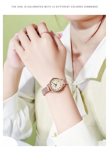 Close-up of Gedi quartz watch featuring a rose gold mesh band and twelve colorful gemstones