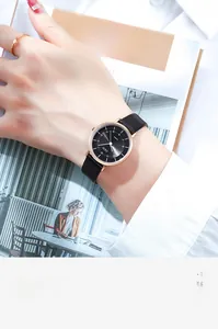Chic women's quartz watch with black leather strap and Roman numerals detail