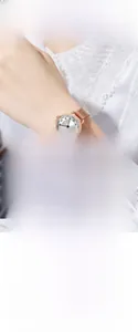 Détails du bracelet en maille or rose et du cadran rond blanc à chiffres arabes