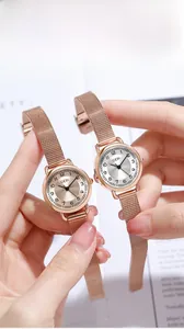 Gros plan de deux élégantes montres à quartz rose doré avec bracelets en maille d'acier
