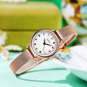 Rose gold quartz watch for women with colorful crystal markers and stainless mesh band