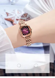 Close-up of GEDI rose gold square watch with a deep purple gradient dial for women