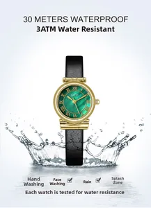Green marble dial watch with Roman numerals shown with 30m waterproof splash effect