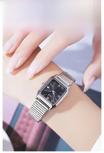 Detail of GEDI rectangular silver watch with roman numerals on model wrist