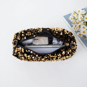 Sparkly gold sequin square shoulder bag showing spacious storage for essentials