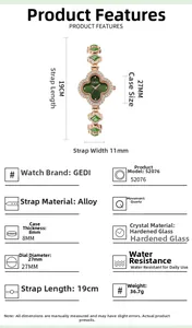 Detailed specs of green clover quartz watch with rose gold finish and dimensions