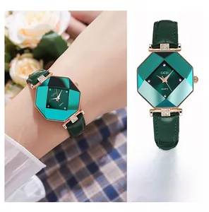 Detail of GEDI octagonal watch with green leather strap and diamond cut glass
