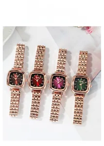 Detailed display of four elegant square quartz watches with colorful gradient dials in rose gold