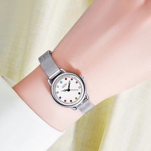 GEDI minimalist women's quartz watch with rainbow dial and silver mesh strap