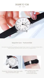 Detail view of quartz watch featuring stainless steel back and genuine leather strap