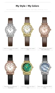 Detail view of quartz watches with leather straps and Roman numeral dials in six colors