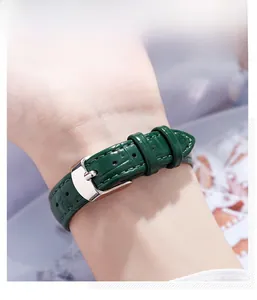 Detail of dark green embossed leather watch strap with classic silver pin buckle